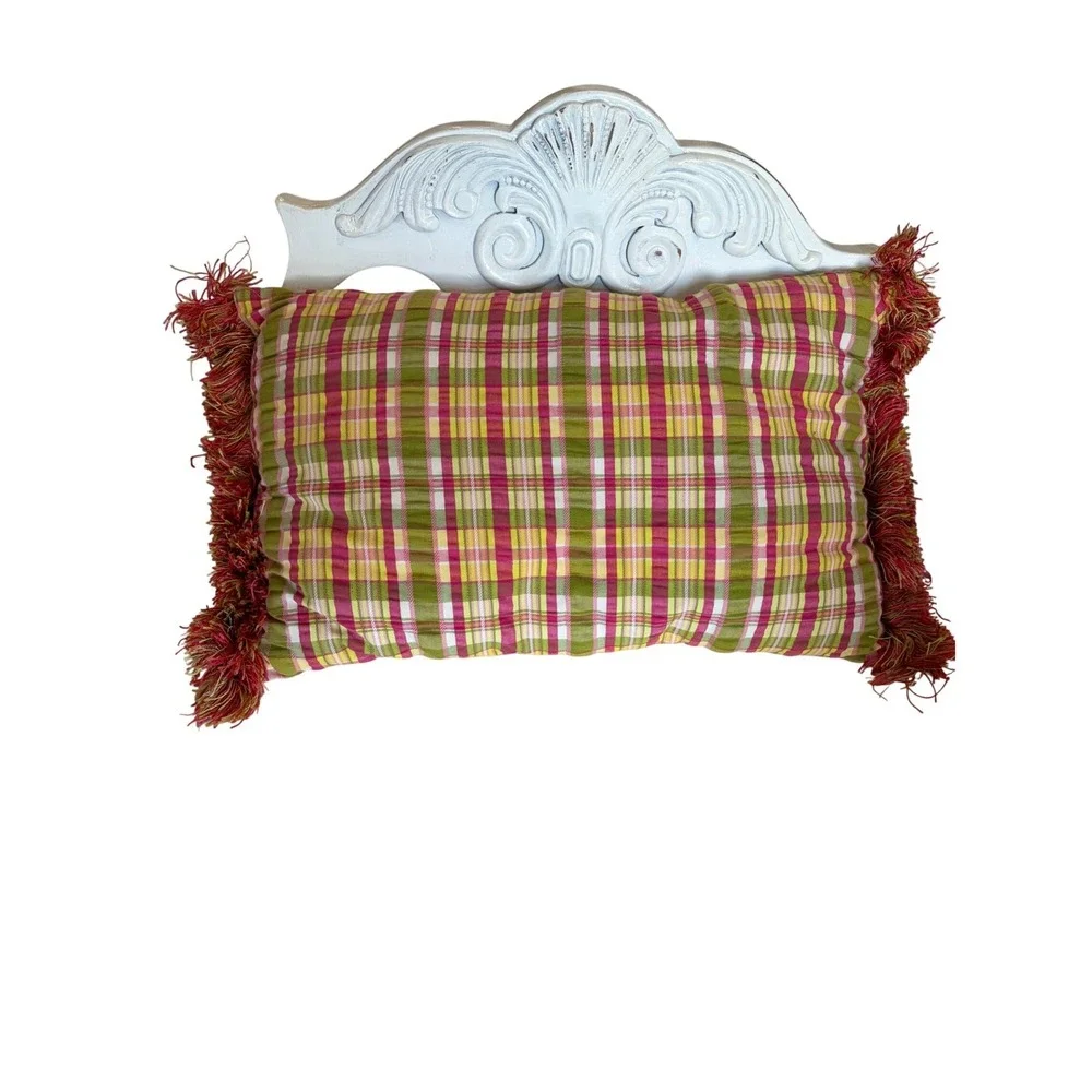 Pink Green Yellow Plaid Lumbar Throw Pillow with Fringe‎ Trim 20x12 Accent Boho